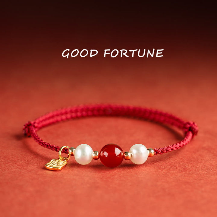 Bracelet tressé en fil rouge avec perles d'agate et personnage Fu en argent sterling 925 et Buddha Stones - Breloque porte-bonheur Fu Character en argent sterling 925 (tour de poignet 14-18 cm) - image 0