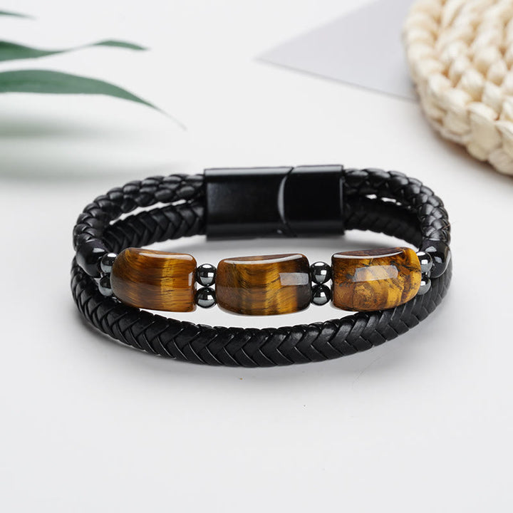 Bracelet en cuir avec boucle magnétique et protection naturelle de l'œil de tigre et des Buddha Stones