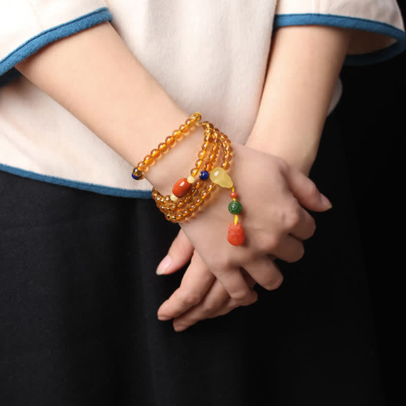 Bracelet à breloques de protection PiXiu en agate rouge avec boucle de paix en ambre et citrine naturelle de 108 perles de Mala - image 23