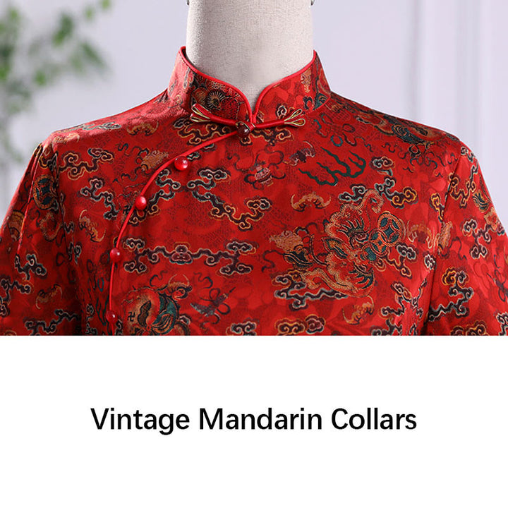Robe Qipao pour femme avec imprimé feuilles et nuages de bon augure vintage et Buddha Stones