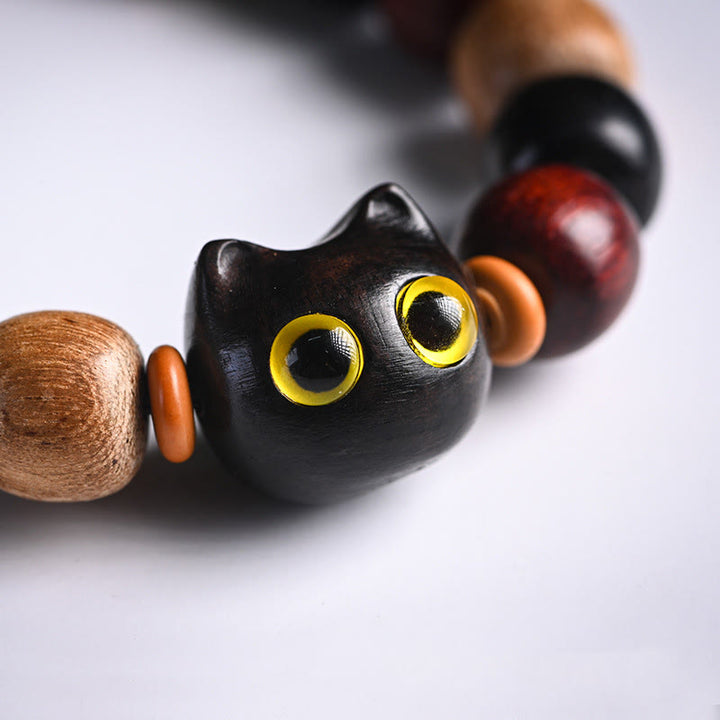 Bracelet de protection gravé en bois de santal rouge et ébène avec petites feuilles de Buddha Stones et chat mignon - image 8