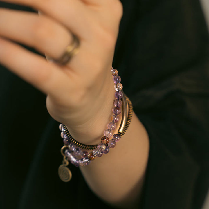 Bracelet en cuivre Love Forgive Buddha Stones quartz hématoïde rouge fantôme violet et quartz rutile vert