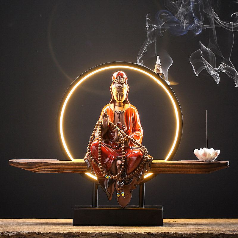 Buddha Stones Bouddha Avalokitesvara Céramique Lotus Relaxation Brûleur d'encens Décoration
