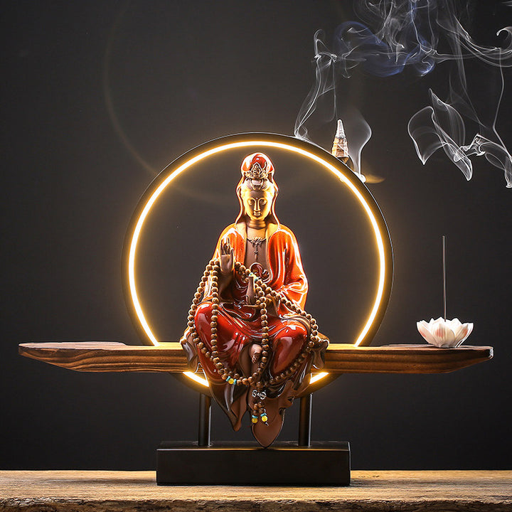 Buddha Stones Bouddha Avalokitesvara Céramique Lotus Relaxation Brûleur d'encens Décoration