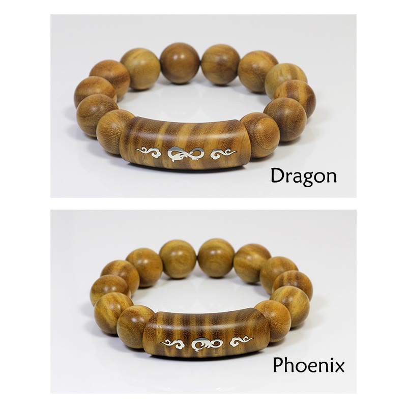Bracelet de paix incrusté de Buddha Stones en argent sterling 999 et bois de santal vert Om Mani Padme Hum Dragon Phoenix Dharmachakra