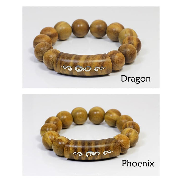 Bracelet de paix incrusté de Buddha Stones en argent sterling 999 et bois de santal vert Om Mani Padme Hum Dragon Phoenix Dharmachakra