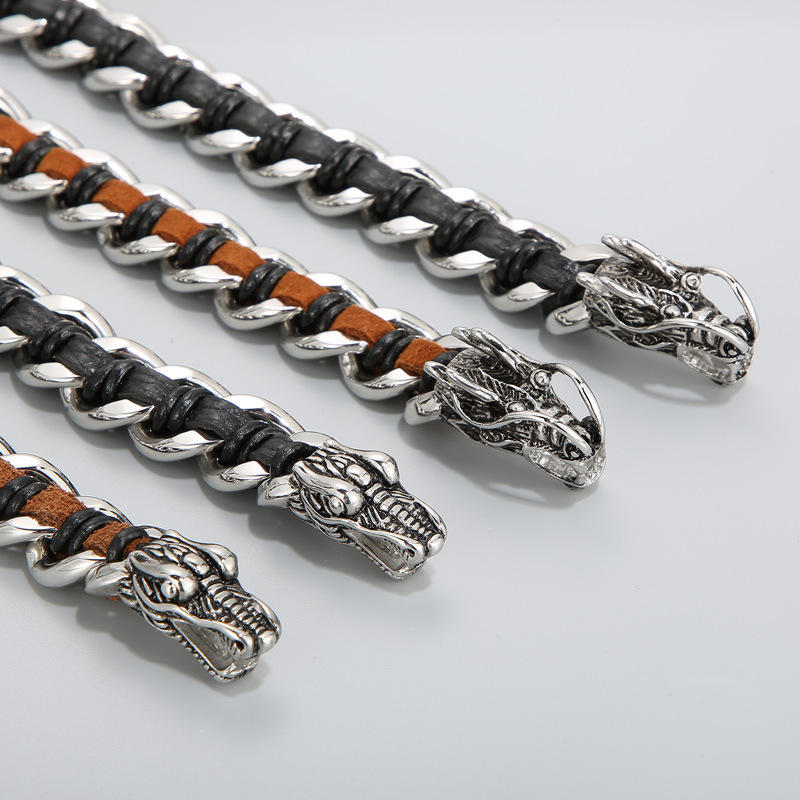 Bracelet tressé en cuir de dragon et acier titane pour protection et chance