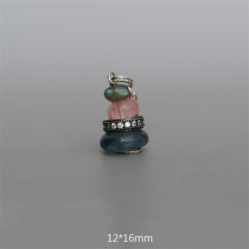 Collier pendentif calme en Buddha Stones Zen Cairn Labradorite Divers cristaux - Pendentif en pierre à paillettes noires, cristal rose et perle de verre 12*16 mm - image 20