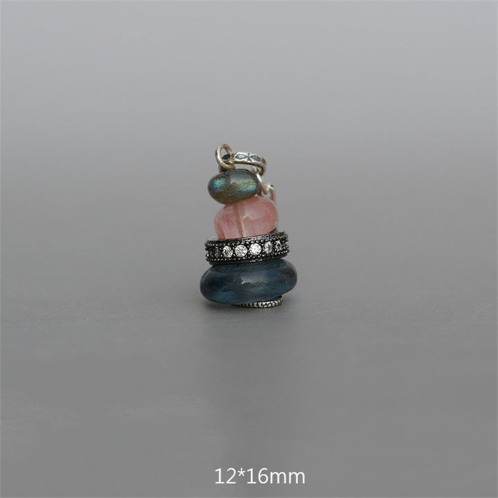 Collier pendentif calme en Buddha Stones Zen Cairn Labradorite Divers cristaux - Pendentif en pierre noire pailletée, cristal rose et perle de verre 12 x 16 mm - image 21