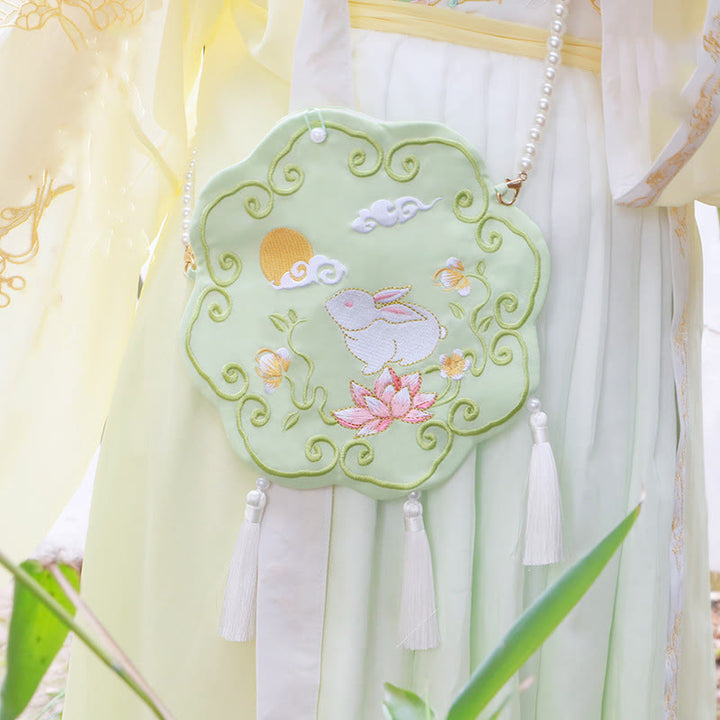 Sac à bandoulière avec broderie de Buddha Stones et de Lotus, poisson Koi, lapin, fleur, Hanfu - Lapin Fleur Verte - image 22