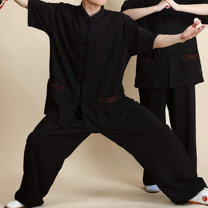 Ensemble de vêtements unisexe brodés Buddha Stones, méditation, prière zen, Tai Chi spirituel, Qigong - Manches courtes noires brodées - US14，UK/AU18，EU46 (3XL) - image 21
