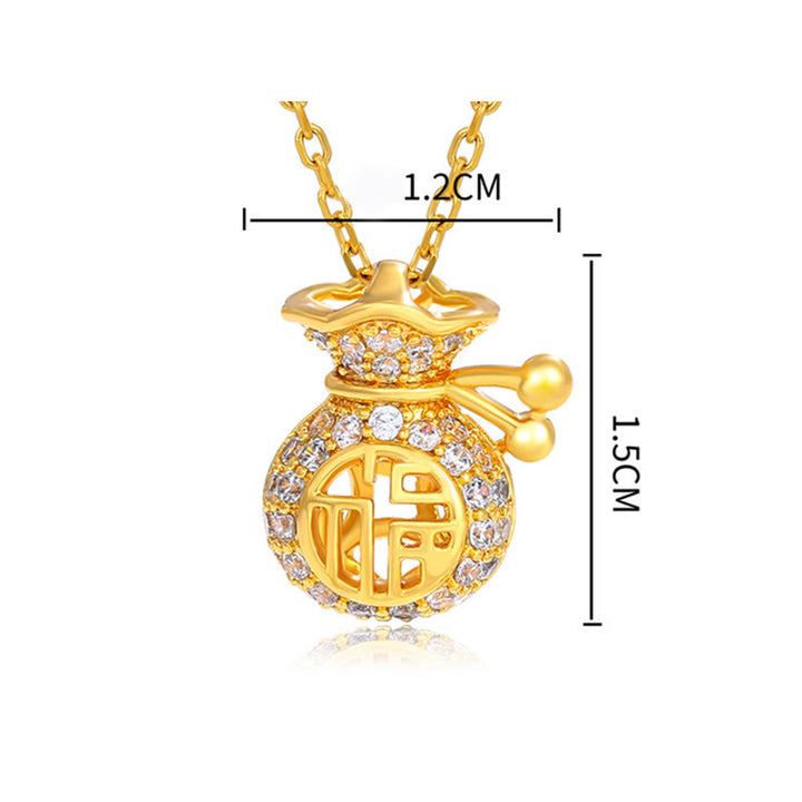 Collier avec pendentif en forme de sac d'argent en plaqué or 24 carats avec personnage Fu
