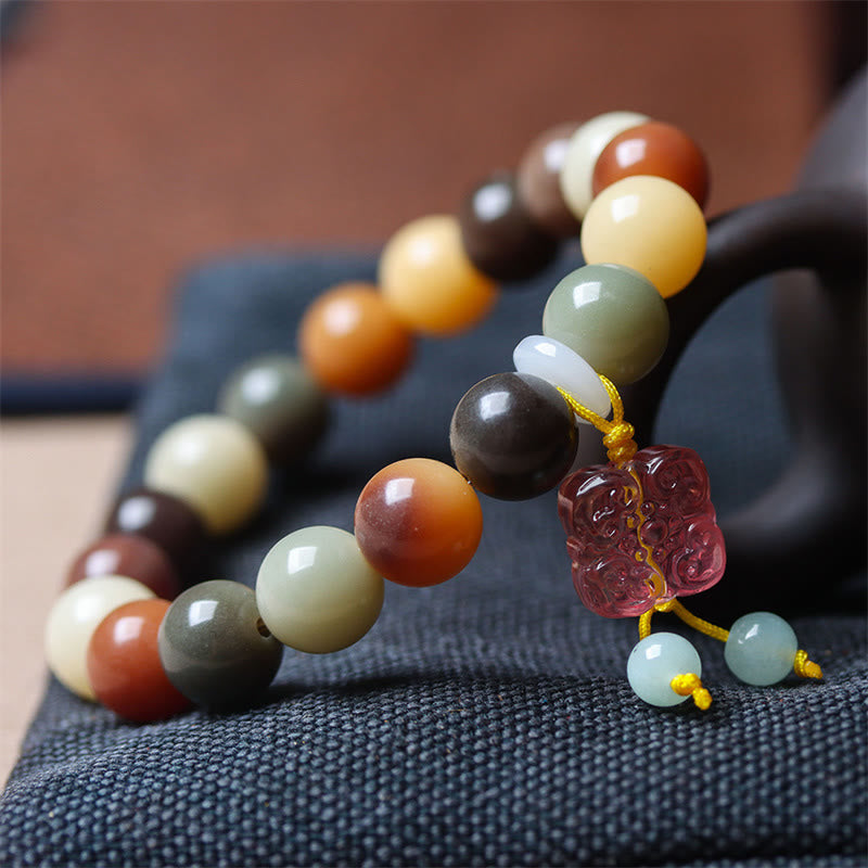Bracelet de paix en verre Liuli avec perles de Bodhi en dégradé multicolore naturel et Buddha Stones