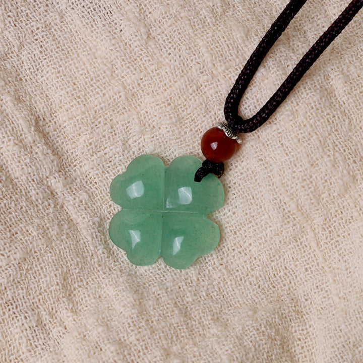 Collier avec pendentif en corde de cuir et trèfle à quatre feuilles en aventurine verte en argent sterling 925 Buddha Stones