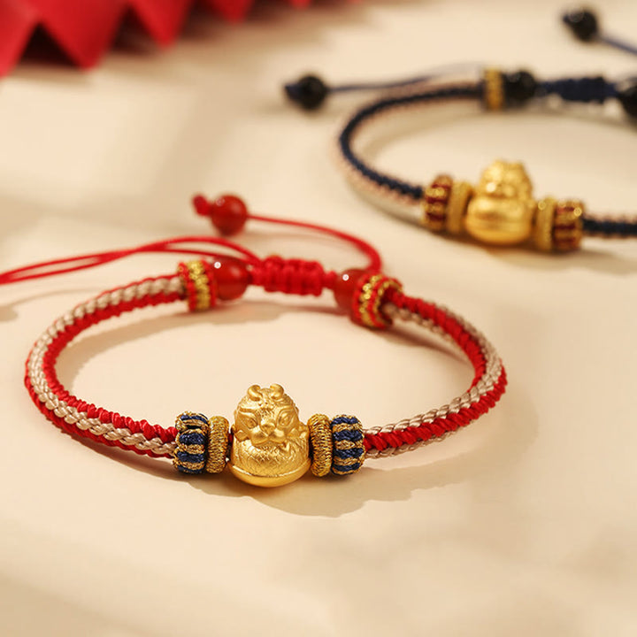 Bracelet tressé fait main en argent sterling 925 avec Buddha Stones et dragon porte-bonheur