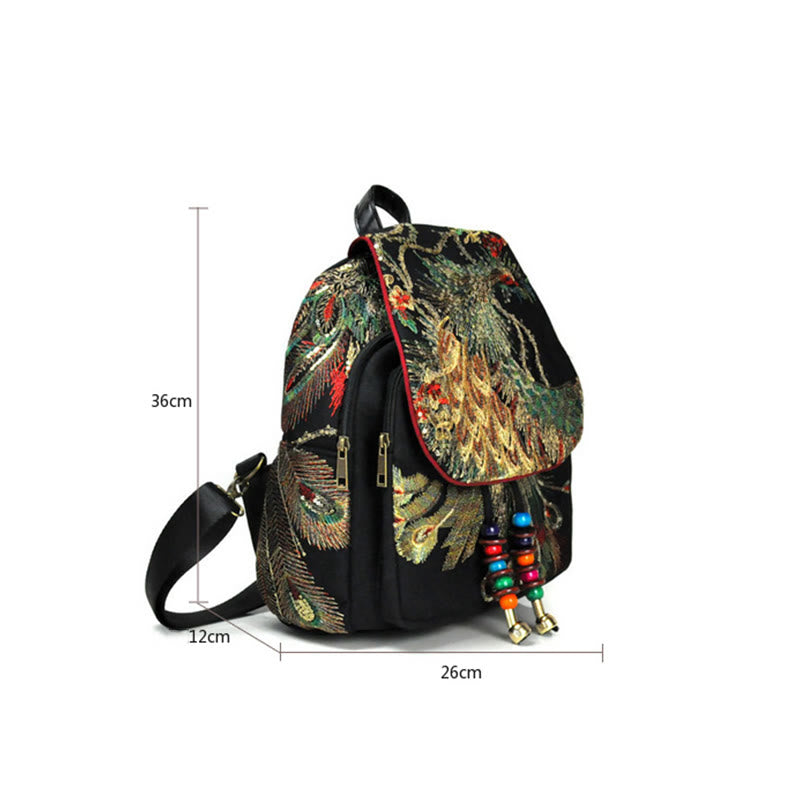 Sac à dos à pompons en toile avec broderies de paon et Buddha Stones