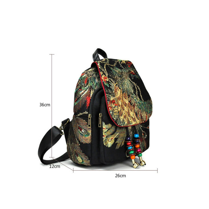 Sac à dos à pompons en toile avec broderies de paon et Buddha Stones