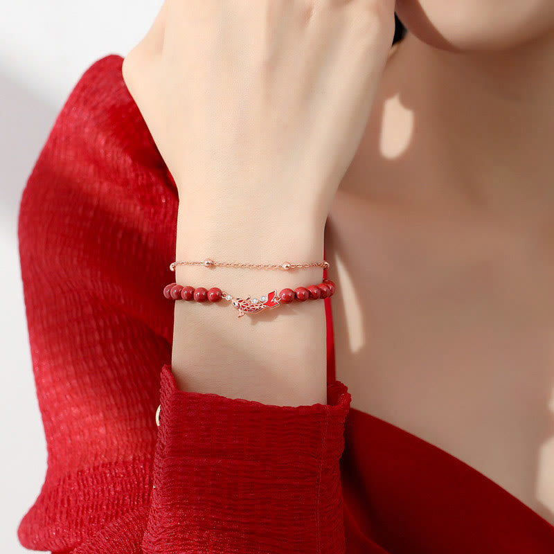 Bracelet à chaîne double couche en argent sterling 925 Buddha Stones et poisson Koi porte-bonheur en cinabre et zircon - image 4