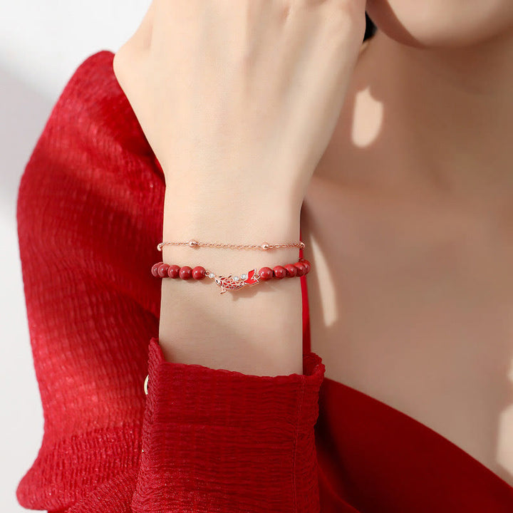 Bracelet à chaîne double couche en argent sterling 925 Buddha Stones et poisson Koi porte-bonheur en cinabre et zircon - image 4