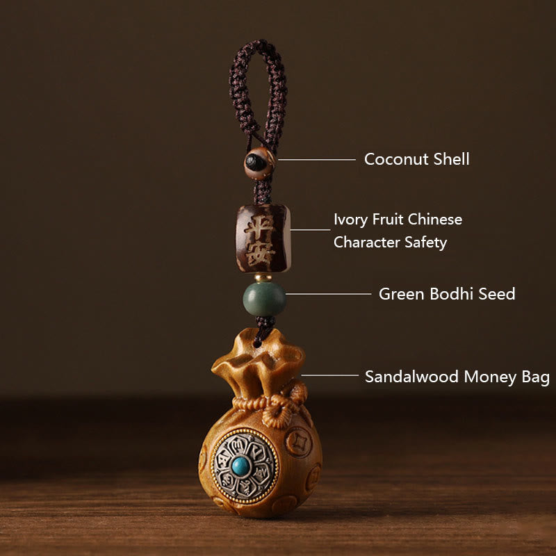 Buddha Stones Petite Feuille Bois de Santal Rouge Bois de Santal Vert Sac d'Argent Om Mani Padme Hum Protection Rotative Décoration Suspendue