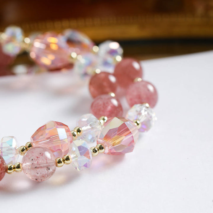 Bracelet double tour de guérison en quartz fraise et zircon en forme de fleur de Buddha Stones
