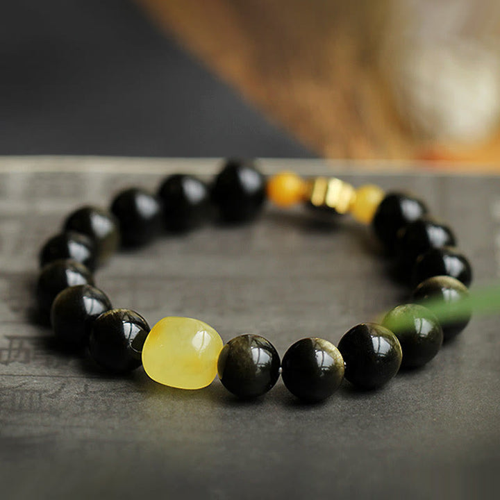 Bracelet de protection de richesse en obsidienne et ambre en argent sterling 925 avec Buddha Stones et zodiaque chinois