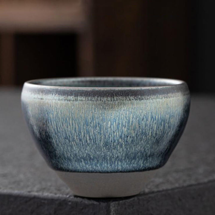 Tasse à thé en porcelaine vintage chinoise en argent bleu Jianzhan avec Buddha Stones