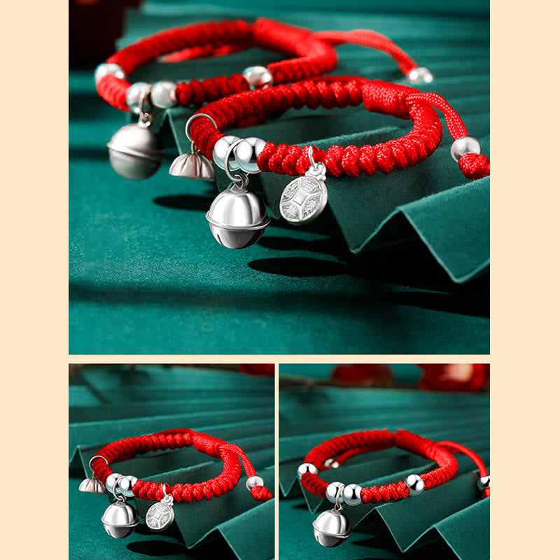 Bracelet Buddha Stones pour enfants en argent sterling 925 fait à la main avec personnage Fu et breloque en forme de clochette et de lotus en cuivre avec nœud King Kong