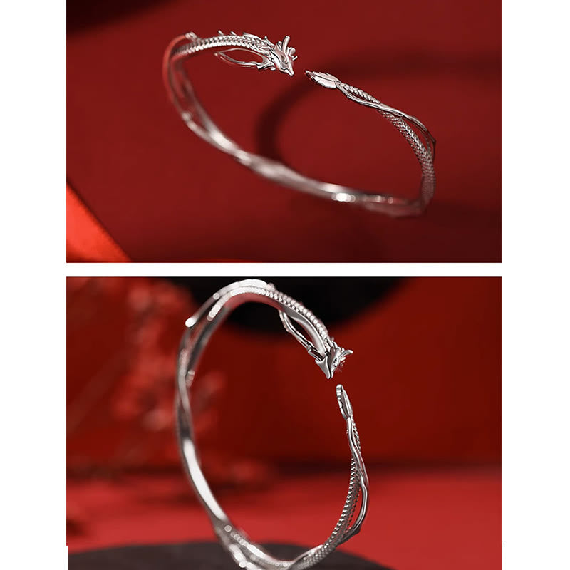 Bracelet manchette porte-bonheur en métal Buddha Stones en argent sterling 925 et motif année du dragon