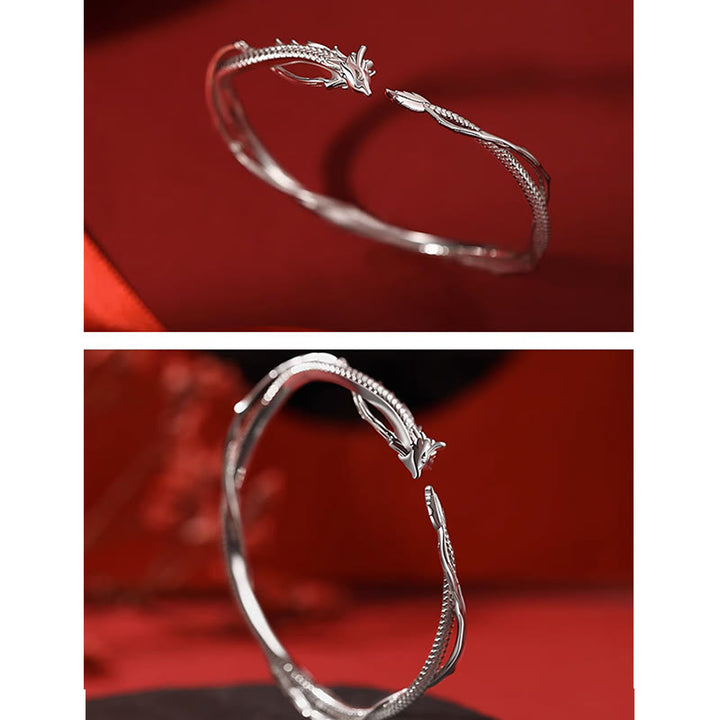 Bracelet manchette porte-bonheur en métal Buddha Stones en argent sterling 925 et motif année du dragon