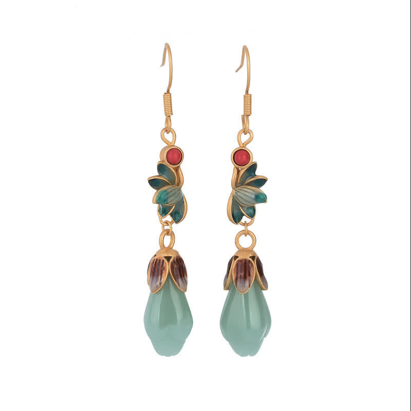 Boucles d'oreilles pendantes en jade à motif de fleur de magnolia pour la chance et la prospérité