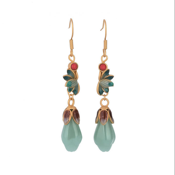 Boucles d'oreilles pendantes en jade à motif de fleur de magnolia pour la chance et la prospérité