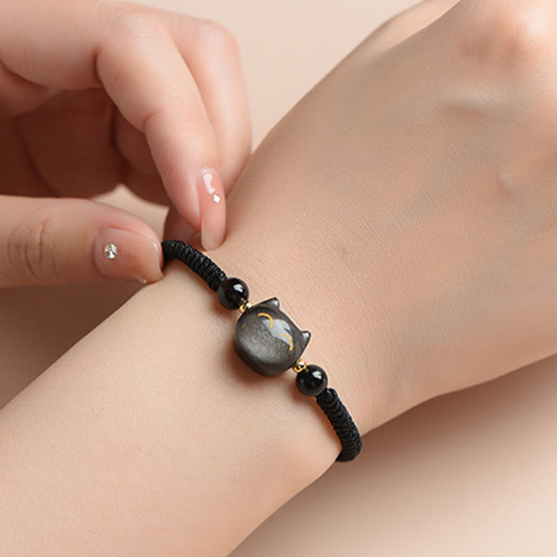 Bracelet tressé fait main en obsidienne naturelle argentée et brillante en quartz fraise avec protection pour chat mignon - image 4