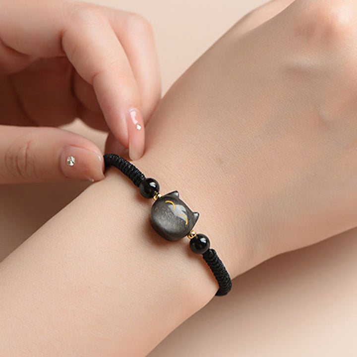 Bracelet tressé fait main en obsidienne naturelle argentée et brillante en quartz fraise avec protection pour chat mignon - image 4
