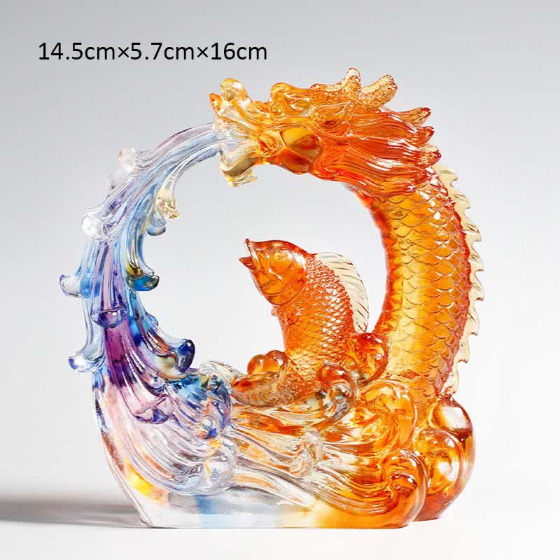 Buddha Stones Feng Shui Dragon Koi Fish Pièce d'art en cristal Liuli faite à la main Décoration de bureau à domicile