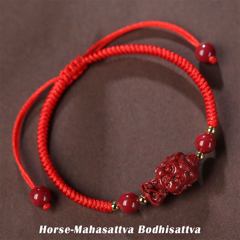 Bracelet en cordon avec amulette de bénédiction en cinabre et Buddha Stones du zodiaque chinois