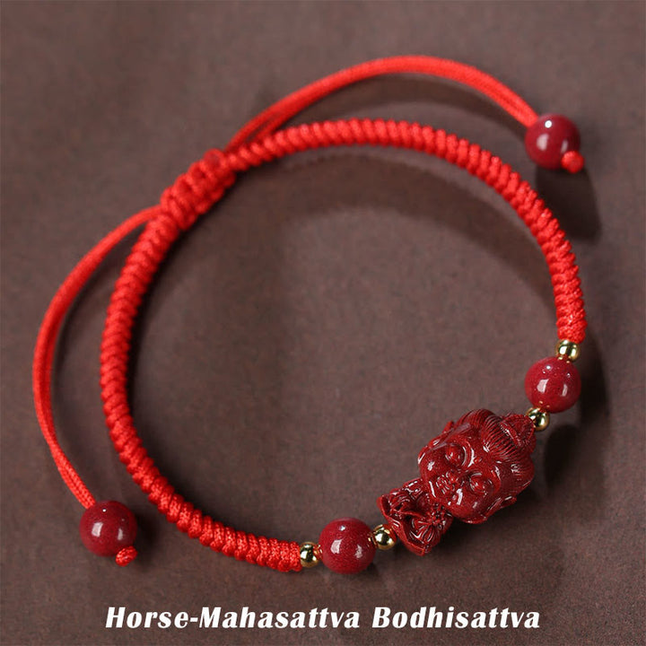 Bracelet en cordon avec amulette de bénédiction en cinabre et Buddha Stones du zodiaque chinois
