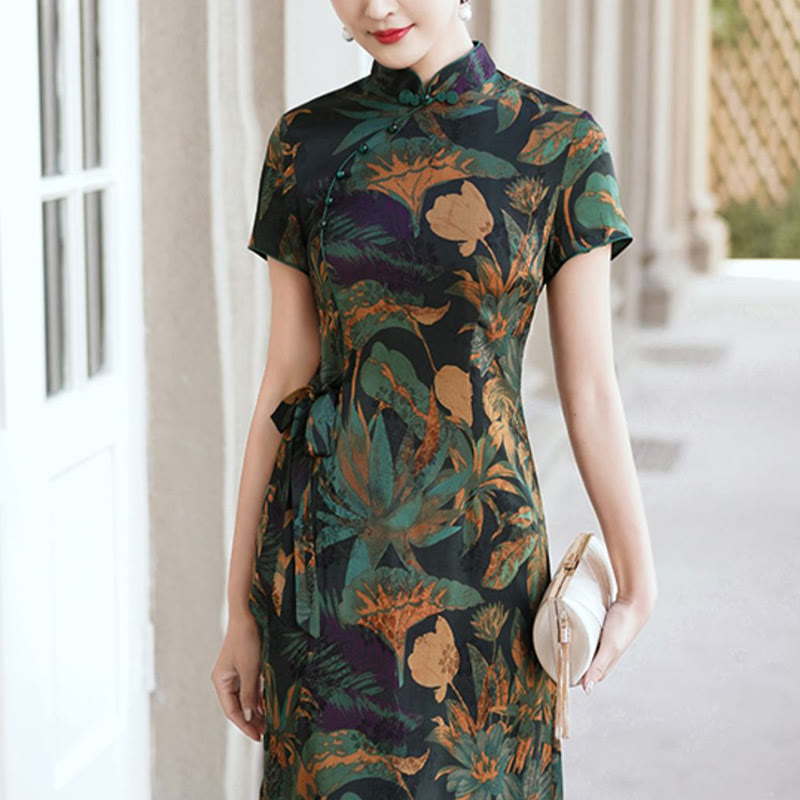 Robe Qipao en soie avec Buddha Stones, motif rétro de feuilles de fleurs, robe cheongsam pour femme