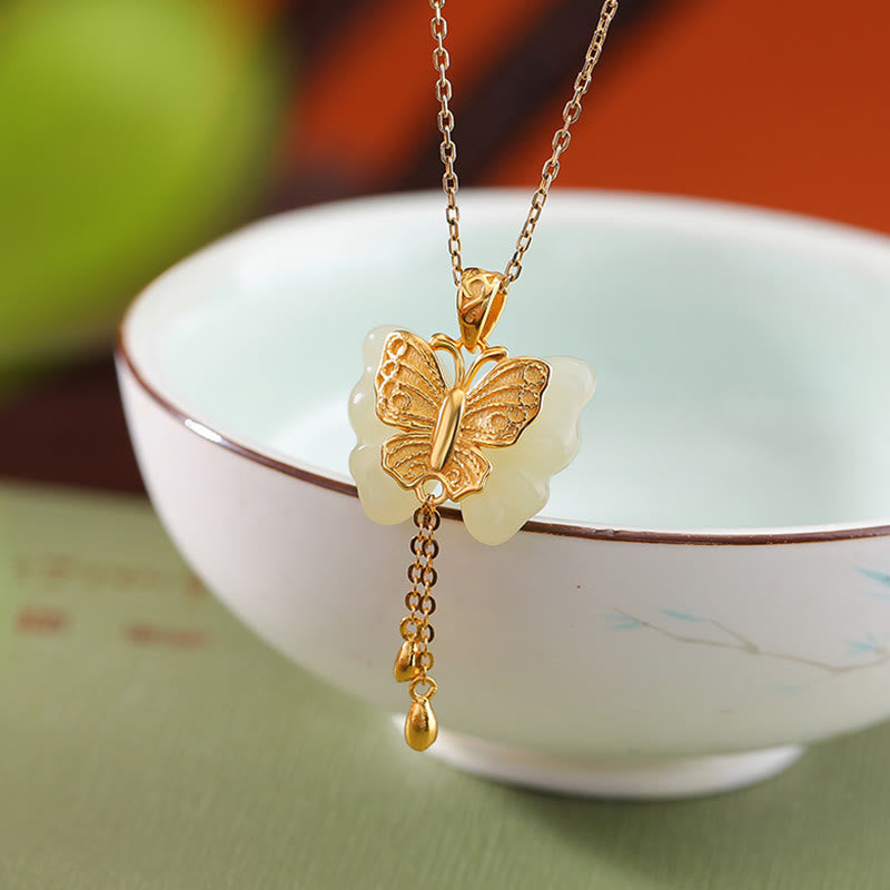 Collier pendentif bénédiction papillon en jade blanc Hetian plaqué or en argent sterling 925 Buddha Stones
