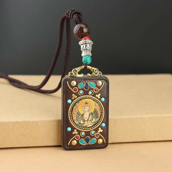 Collier pendentif en ébène Thangka Buddha Stones Tibet Dieu de la richesse