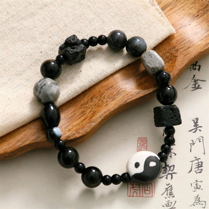 Bracelet de protection de la fortune Yin Yang en perles de jaspe Picasso et onyx noir Buddha Stones