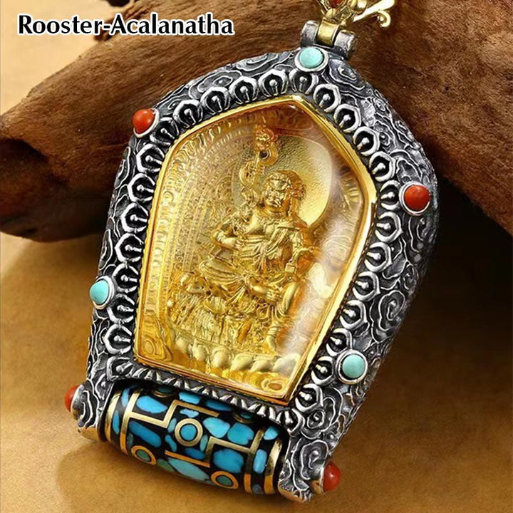 Collier avec pendentif en perles Dzi rotatives du zodiaque chinois tibétain Thangka Bouddha de la prospérité