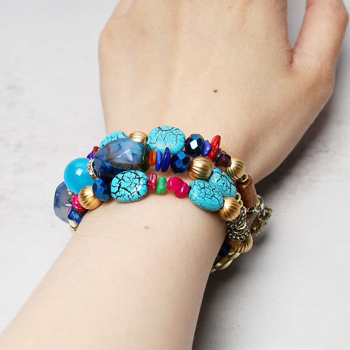 Bracelet de bénédiction multicouches en perles d'agate turquoise irrégulières avec Buddha Stones