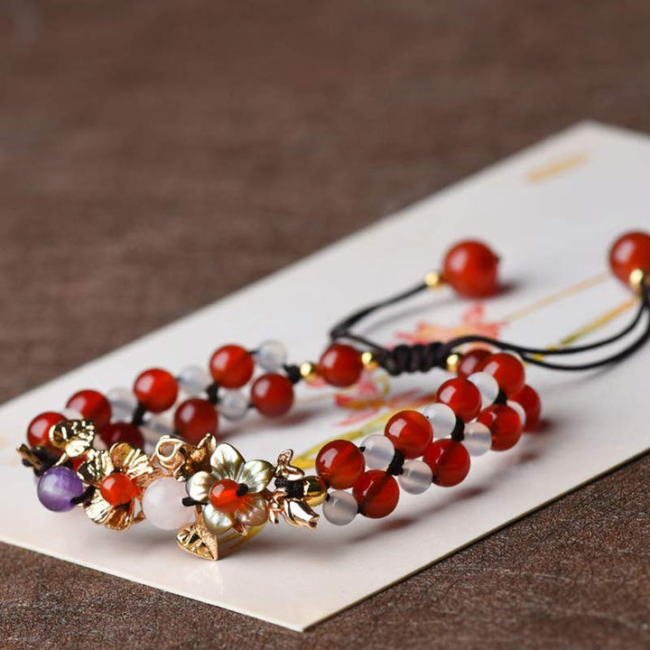 Bracelet porte-bonheur en Buddha Stones' aventurine verte et de grenat avec pétales de fleur