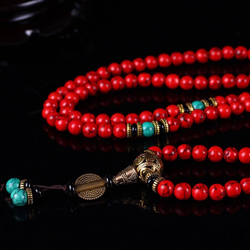 Collier et bracelet porte-bonheur Buddha Stones Mala rouge turquoise