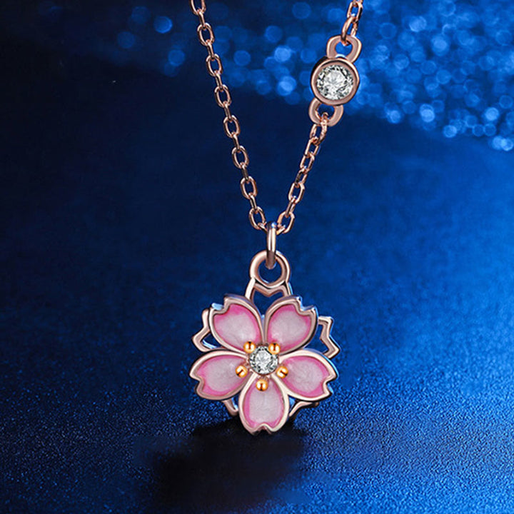 Collier avec pendentif rotatif en argent sterling 925 en forme de fleur de cerisier avec Buddha Stones - Fleur de cerisier or rose - image 0