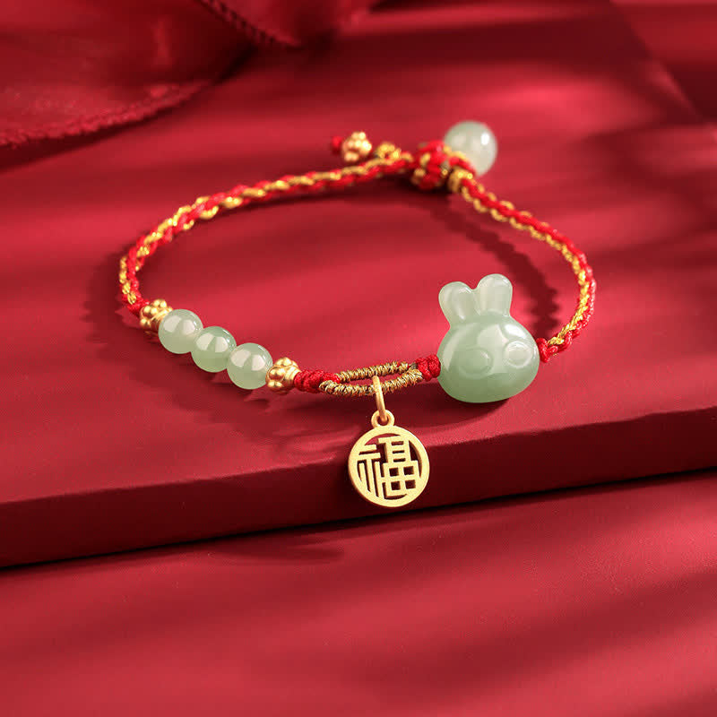 Bracelet en argent sterling 925 Buddha Stones et jade Hetian Année du lapin, porte-bonheur et cordon rouge