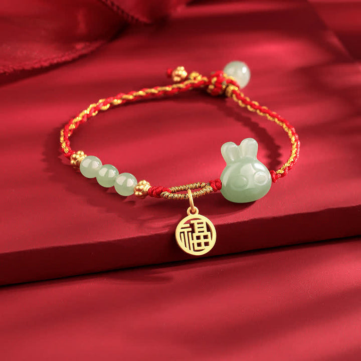 Bracelet en argent sterling 925 Buddha Stones et jade Hetian Année du lapin, porte-bonheur et cordon rouge