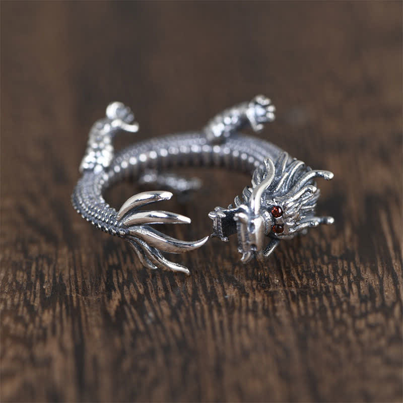 Bague de protection porte-bonheur en argent sterling 925 Buddha Stones et dragon