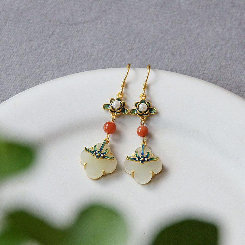 Boucles d'oreilles en cuivre et jade porte-bonheur trèfle à quatre feuilles Buddha Stones
